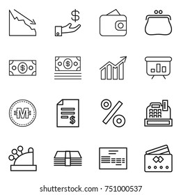 thin line icon set : crisis, investment, wallet, purse, money, diagram, presentation, crypto currency, account balance, percent, cashbox, invoice, credit card