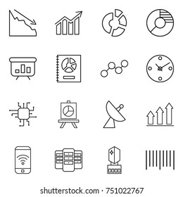 thin line icon set : crisis, diagram, circle, presentation, annual report, graph, clock, chip, satellite antenna, up, phone wireless, server, crystall memory, bar code