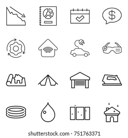 thin line icon set : crisis, annual report, calendar, money message, around gear, wireless home, electric car, smart glasses, project, tent, garage, iron, inflatable pool, drop, clean window