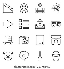thin line icon set : crisis, medal, sun power, bang, right arrow, list, mansion, bus, pool, camera, kitchen scales, pig, garden, broom, bucket