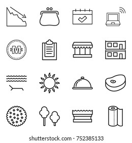 thin line icon set : crisis, purse, calendar, notebook wireless, crypto currency, clipboard, market, modular house, lounger, gas oven, meal cap, steake, cookies, trees, sponge, paper towel