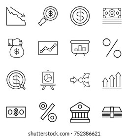 thin line icon set : crisis, dollar magnifier, money, gift, statistics, presentation, percent, arrow, core splitting, graph up, library