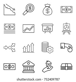 thin line icon set : crisis, dollar magnifier, money bag, statistics, presentation, core splitting, graph up, virtual mining, hand coin, library, real estate