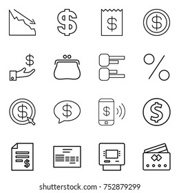 thin line icon set : crisis, dollar, receipt, investment, purse, diagram, percent, arrow, money message, phone pay, coin, account balance, invoice, atm, credit card