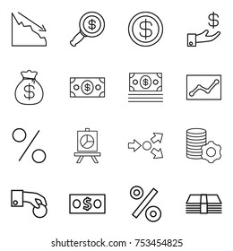 thin line icon set : crisis, dollar magnifier, investment, money bag, statistics, percent, presentation, core splitting, virtual mining, hand coin