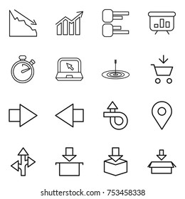thin line icon set : crisis, diagram, presentation, stopwatch, notebook, target, add to cart, right arrow, left, trip, geo pin, route, package