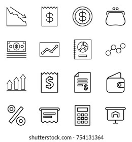 thin line icon set : crisis, receipt, dollar, purse, money, statistics, annual report, graph, up, account balance, wallet, percent, atm, calculator, presentation