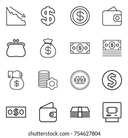 thin line icon set : crisis, dollar, wallet, purse, money bag, gift, virtual mining, crypto currency, coin, atm