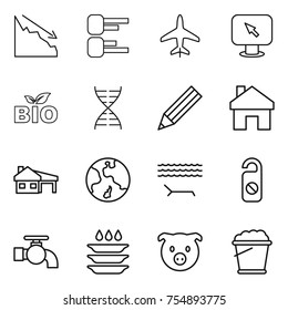 thin line icon set : crisis, diagram, plane, monitor arrow, bio, dna, pencil, home, house with garage, earth, lounger, do not distrub, water tap, plate washing, pig, foam bucket