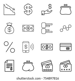 thin line icon set : crisis, dollar, investment, purse, money bag, diagram, graph, percent, phone pay, credit card, account balance
