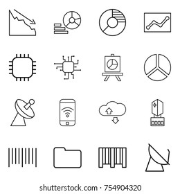 thin line icon set : crisis, diagram, circle, statistics, chip, presentation, satellite antenna, phone wireless, cloude service, crystall memory, bar code, documents