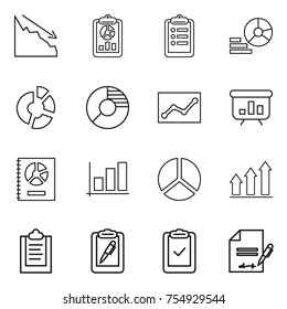 thin line icon set : crisis, report, clipboard, diagram, circle, statistics, presentation, annual, graph, up, pen, check, inventory