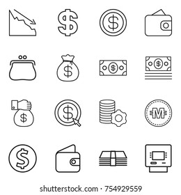thin line icon set : crisis, dollar, wallet, purse, money bag, gift, arrow, virtual mining, crypto currency, coin, atm