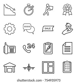 thin line icon set : crisis, stopwatch, courier, medal, gear, discussion, sale, real estate, phone, 24, clipboard pen, document, warehouse, plane, window, list