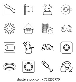thin line icon set : crisis, flag, chess horse, cell corection, round around, wireless home, virtual mining, smart glasses, nano tube, cleanser, project, ring button, inflatable pool, blender, dish