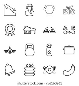 Thin line icon set : crisis, call center, hex molecule, bio, medal, house with garage, dome, route a to b, plane, heavy, do not distrub, pan, bell, plate washing, fork spoon, eggplant