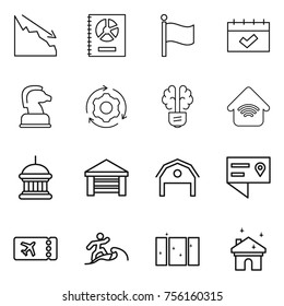 Thin line icon set : crisis, annual report, flag, calendar, chess horse, around gear, bulb brain, wireless home, goverment house, garage, barn, location details, ticket, surfer, clean window