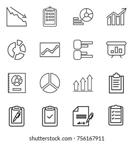 Thin line icon set : crisis, clipboard, diagram, circle, statistics, presentation, annual report, graph up, pen, check, inventory, list