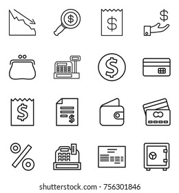 Thin line icon set : crisis, dollar magnifier, receipt, investment, purse, cashbox, coin, credit card, account balance, wallet, percent, invoice, safe