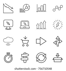 thin line icon set : crisis, diagram, graph, monitor arrow, notebook, up, lightning, cloud wireless, add to cart, right, route, stopwatch, signpost, reload, package