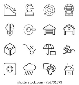 Thin line icon set : crisis, chess horse, around gear, notebook globe, bulb brain, cell corection, garage, barn, 3d, do not trolley sign, insurance, surfer, ring button, rain cloud, wiping