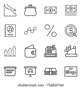 Thin line icon set : crisis, purse, money, annual report, graph, percent, dollar arrow, up, wallet, cashbox, atm receipt, presentation, invoice