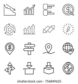 Thin line icon set : crisis, diagram, dollar arrow, around gear, graph up, down, lightning, pin, singlepost, geo, delivery, route, package, compass