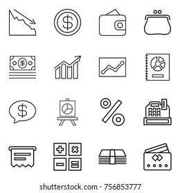 Thin line icon set : crisis, dollar, wallet, purse, money, diagram, statistics, annual report, message, presentation, percent, cashbox, atm receipt, calculator, credit card