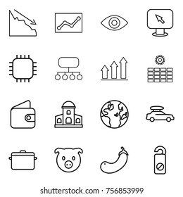 Thin line icon set : crisis, statistics, eye, monitor arrow, chip, structure, graph up, sun power, wallet, mansion, globe, car baggage, pan, pig, eggplant, do not distrub