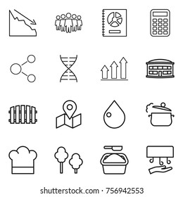 Thin line icon set : crisis, team, annual report, calculator, molecule, dna, graph up, airport building, fence, map, drop, steam pan, cook hat, trees, washing powder, hand dryer