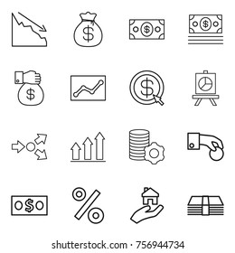 Thin line icon set : crisis, money bag, gift, statistics, dollar arrow, presentation, core splitting, graph up, virtual mining, hand coin, percent, real estate