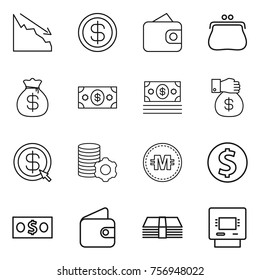 Thin line icon set : crisis, dollar, wallet, purse, money bag, gift, arrow, virtual mining, crypto currency, coin, atm