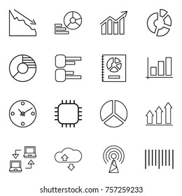 Thin line icon set : crisis, diagram, circle, annual report, graph, clock, chip, up, notebook connect, cloude service, antenna, bar code