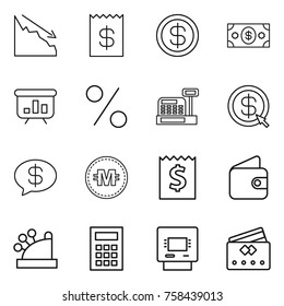 Thin line icon set : crisis, receipt, dollar, money, presentation, percent, cashbox, arrow, message, crypto currency, wallet, calculator, atm, credit card