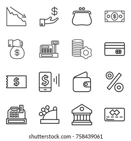 Thin line icon set : crisis, investment, purse, money, gift, cashbox, virtual mining, credit card, receipt, mobile pay, wallet, percent, library