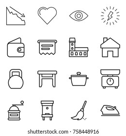 Thin line icon set : crisis, heart, eye, lightning, wallet, atm receipt, mansion, home, heavy, stool, pan, kitchen scales, hand mill, hive, broom, iron