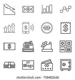 Thin line icon set : crisis, money, graph, up, phone pay, crypto currency, receipt, cashbox, calculator, invoice, credit card, safe
