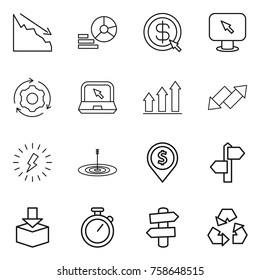 Thin line icon set : crisis, diagram, dollar arrow, monitor, around gear, notebook, graph up, down, lightning, target, pin, signpost, package, stopwatch, recycling
