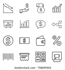 Thin line icon set : crisis, investment, money gift, diagram, presentation, graph, message, core splitting, dollar coin, receipt, wallet, percent, bar code, atm, calculator