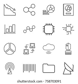 Thin line icon set : crisis, share, diagram, annual report, graph, chip, notebook connect, cloud wireless, crystall memory, antenna, bar code, documents, satellite