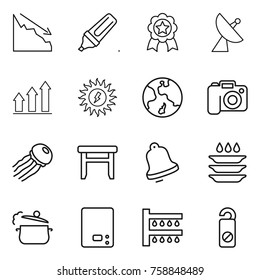 Thin line icon set : crisis, marker, medal, satellite antenna, graph up, sun power, earth, camera, jellyfish, stool, bell, plate washing, steam pan, kitchen scales, watering, do not distrub