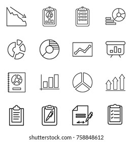 Thin line icon set : crisis, report, clipboard, diagram, circle, statistics, presentation, annual, graph, up, pen, inventory, list