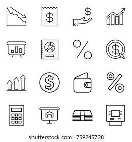Thin line icon set : crisis, receipt, investment, diagram, presentation, annual report, percent, dollar arrow, graph up, coin, wallet, calculator, money, atm