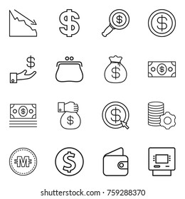 Thin line icon set : crisis, dollar, magnifier, investment, purse, money bag, gift, arrow, virtual mining, crypto currency, coin, wallet, atm