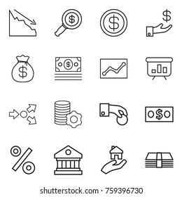 Thin line icon set : crisis, dollar magnifier, investment, money bag, statistics, presentation, core splitting, virtual mining, hand coin, percent, library, real estate