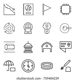Thin line icon set : crisis, annual report, flag, chip, around gear, notebook globe, bulb brain, cell corection, nano tube, goverment house, barn, location details, insurance, watch, inflatable pool