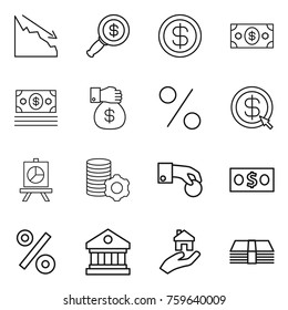 Thin line icon set : crisis, dollar magnifier, money, gift, percent, arrow, presentation, virtual mining, hand coin, library, real estate