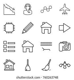 Thin line icon set : crisis, call center, graph, plane, chip, pencil, home, right arrow, list, lounger, camera, broom, hard reach place cleaning