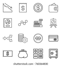 Thin line icon set : crisis, receipt, dollar, wallet, annual report, graph, cashbox, presentation, core splitting, virtual mining, crypto currency, credit card, purse, calculator, safe