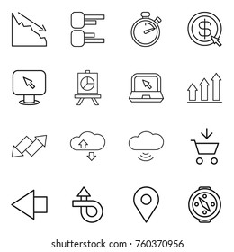 Thin line icon set : crisis, diagram, stopwatch, dollar arrow, monitor, presentation, notebook, graph up, down, cloude service, cloud wireless, add to cart, left, trip, geo pin, compass